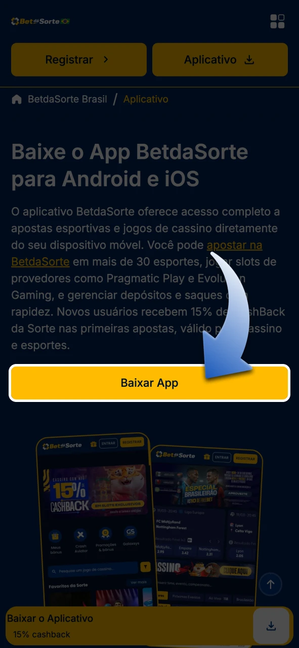 Toque no botão de download do BetdaSorte para iOS.
