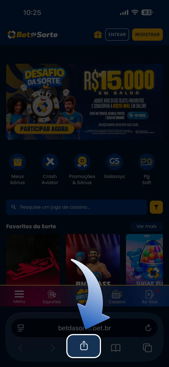 Toque no ícone de compartilhamento na barra inferior do BetdaSorte Safari.