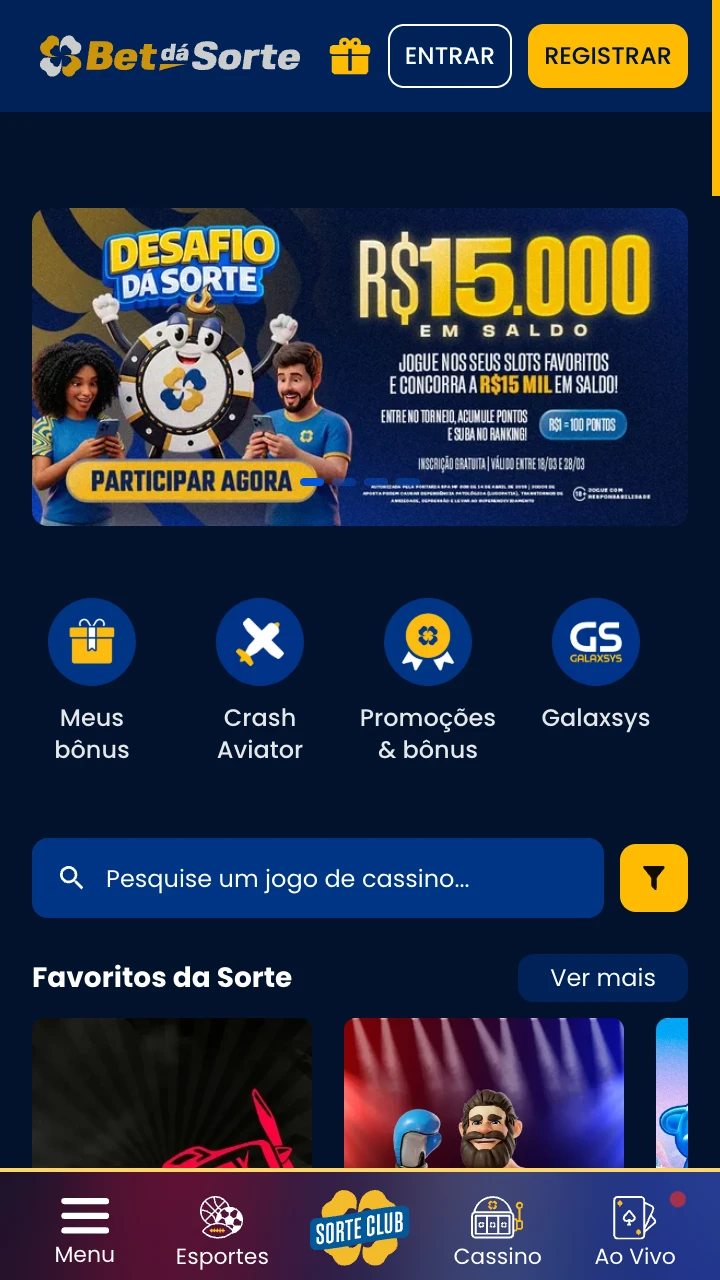 Abra a página principal do aplicativo BetdaSorte.