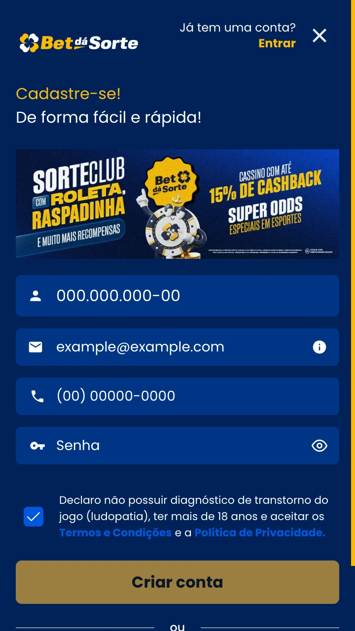 Faça seu cadastro no aplicativo BetdaSorte.