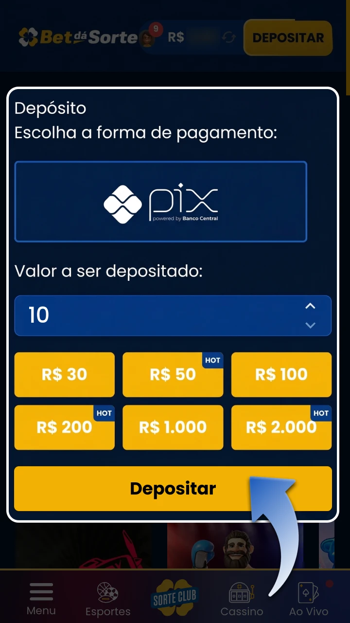 Escolha o método de pagamento disponível e adicione fundos à sua conta BetdaSorte.