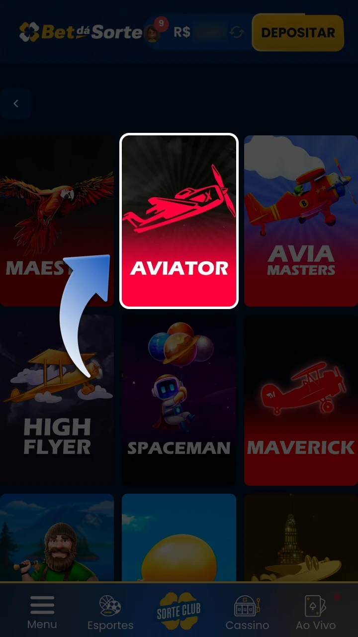 Acesse a seção de jogos de crash da BetdaSorte e encontre Aviator.