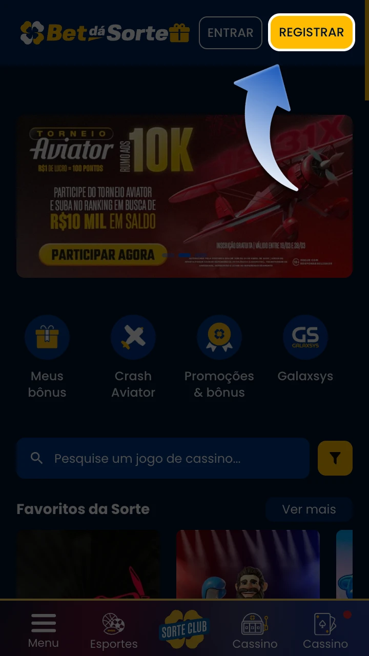 Cadastre-se na BetdaSorte para começar a jogar Aviator.