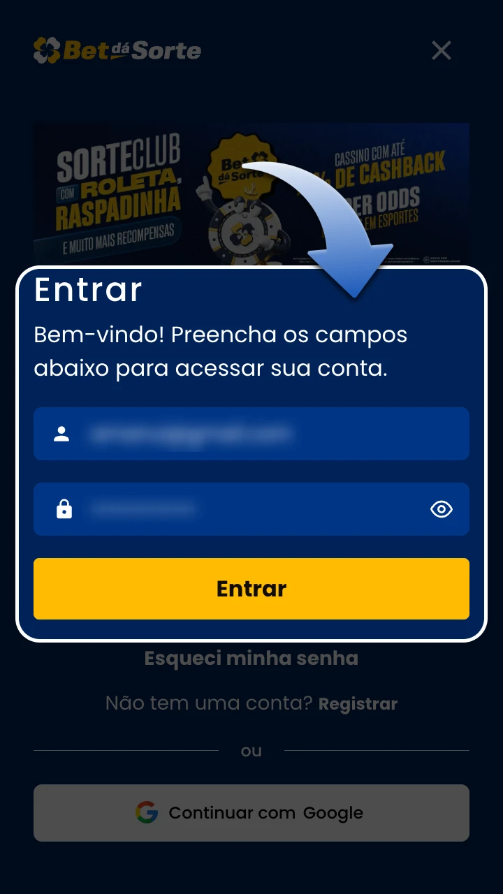 Insira suas credenciais de login para acessar sua conta BetdaSorte.