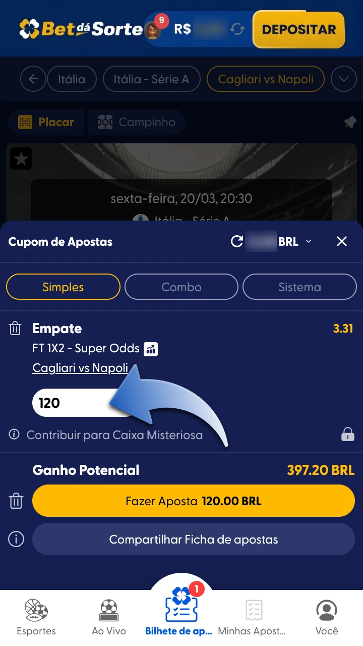 Insira o valor da aposta no campo BetdaSorte.