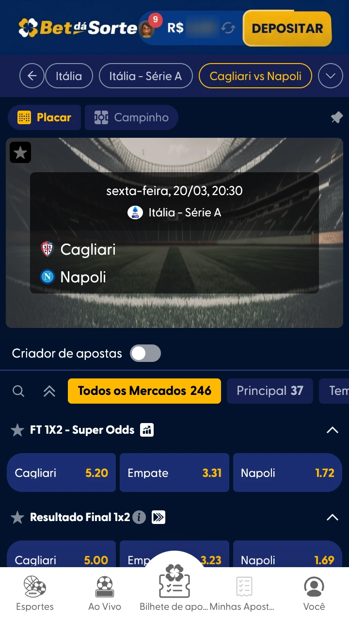 Selecione o esporte e o evento desejados na BetdaSorte.