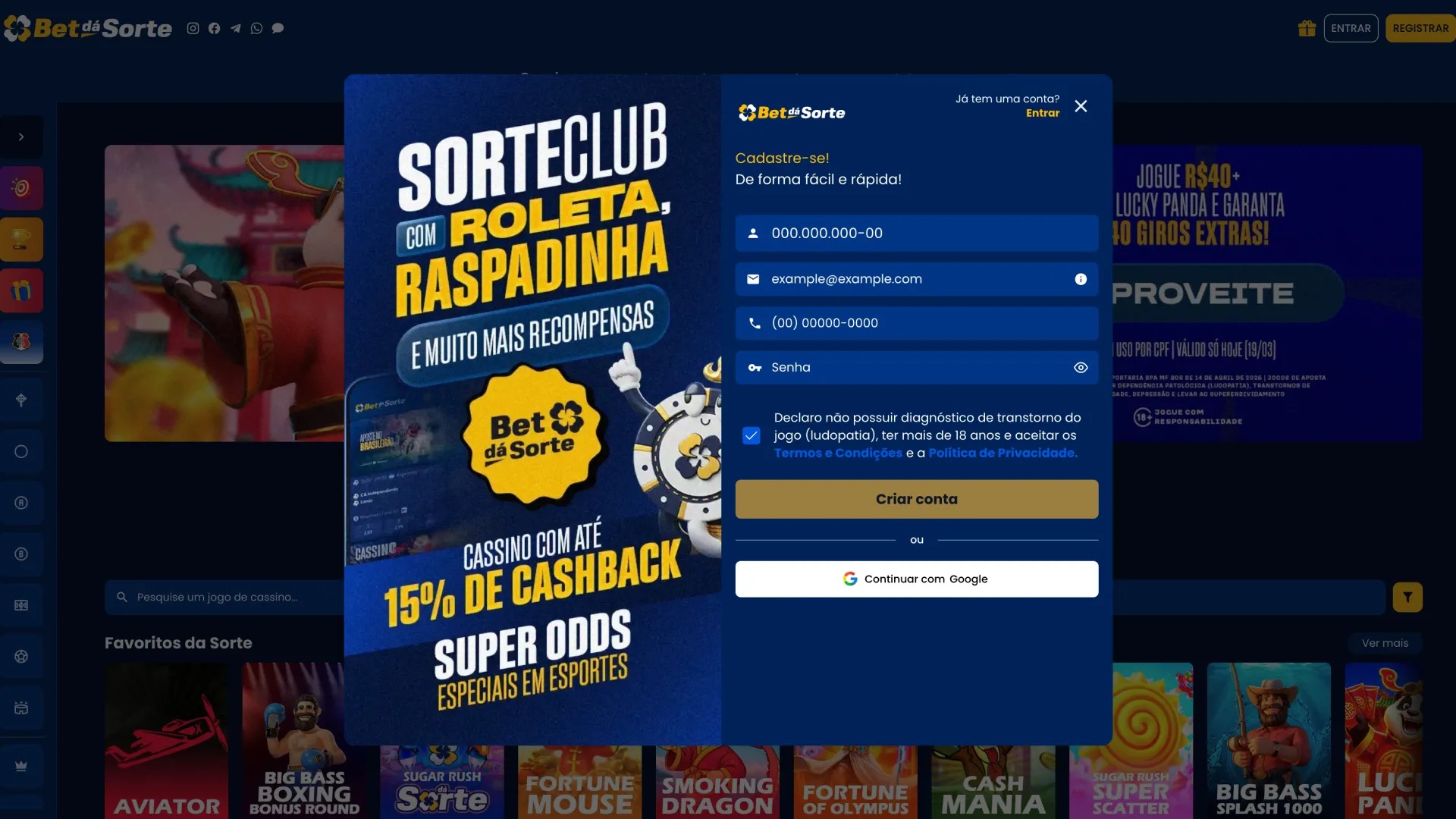 Abra o formulário de cadastro no site da BetdaSorte.