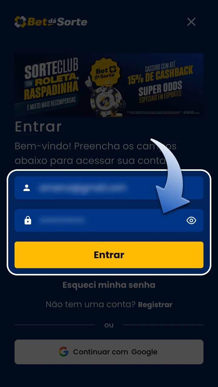 Faça login na plataforma BetdaSorte utilizando suas credenciais.