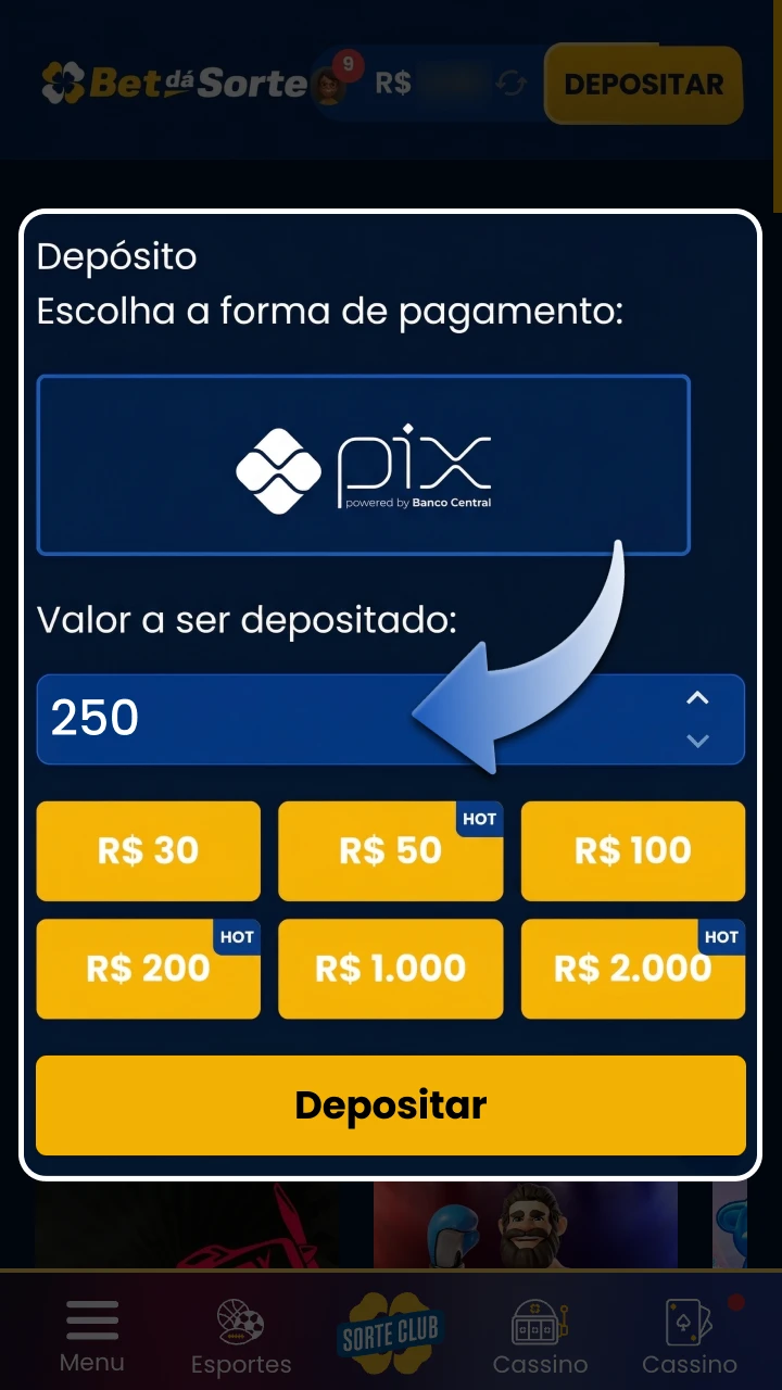 Insira o valor e confirme o processo de depósito na BetdaSorte.