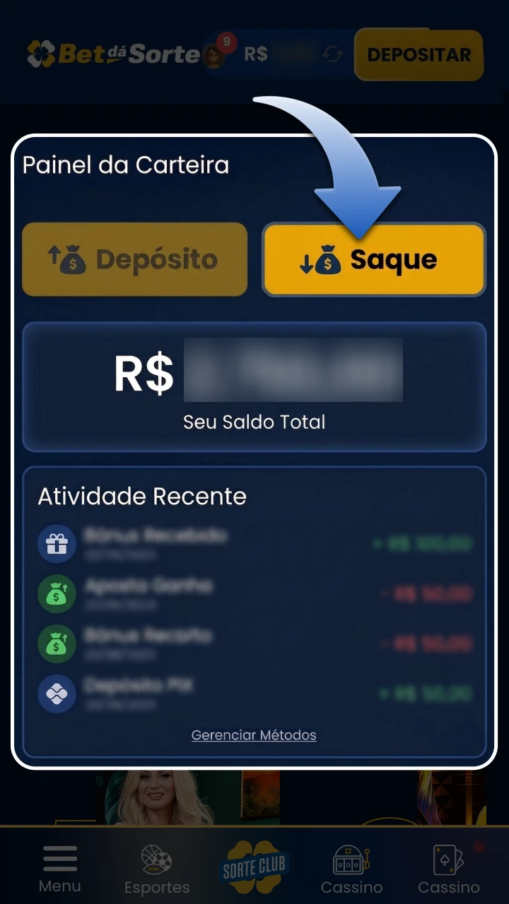 Acesse a seção de saques da BetdaSorte.