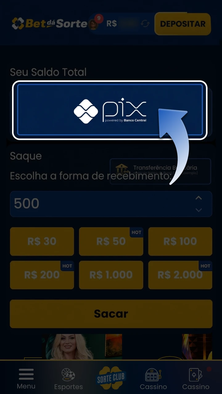Selecione o seu método de levantamento na plataforma BetdaSorte.