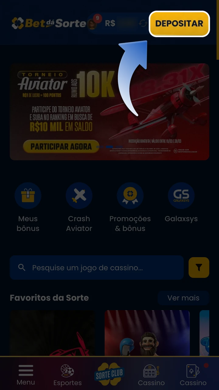 Clique em depositar ou no ícone da carteira BetdaSorte.