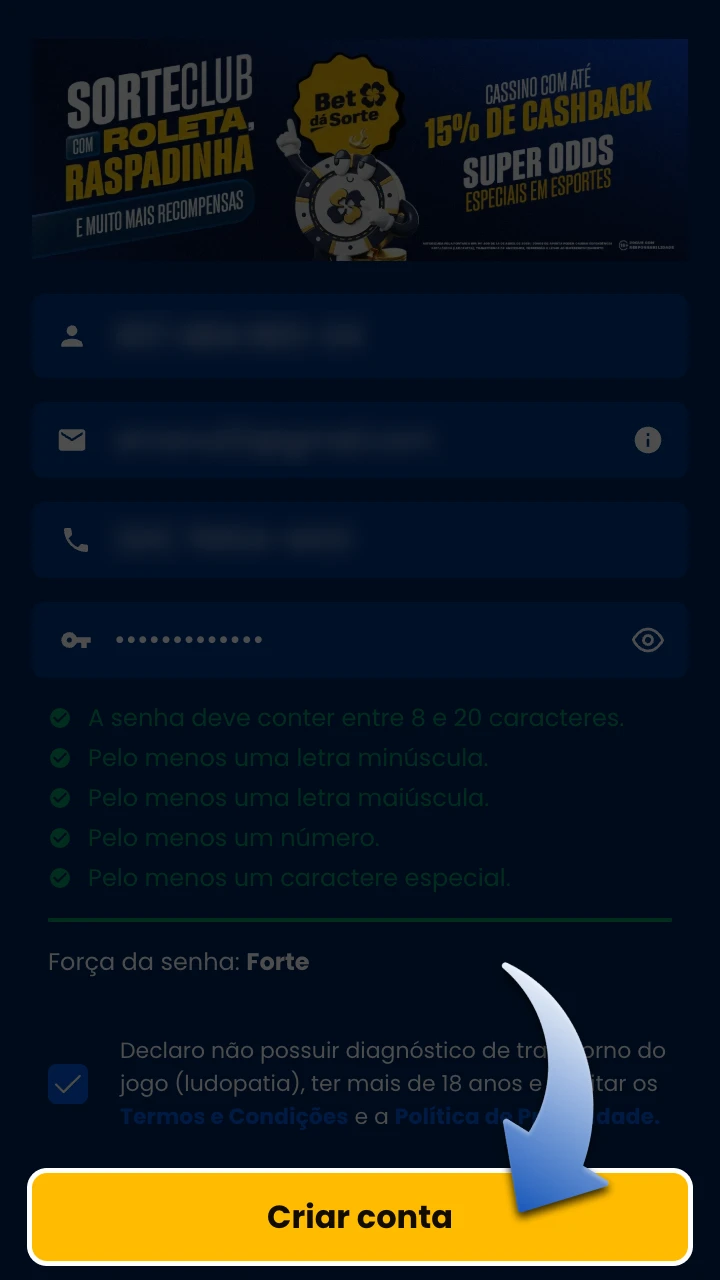 Clique no botão de confirmação para concluir o cadastro no BetdaSorte.